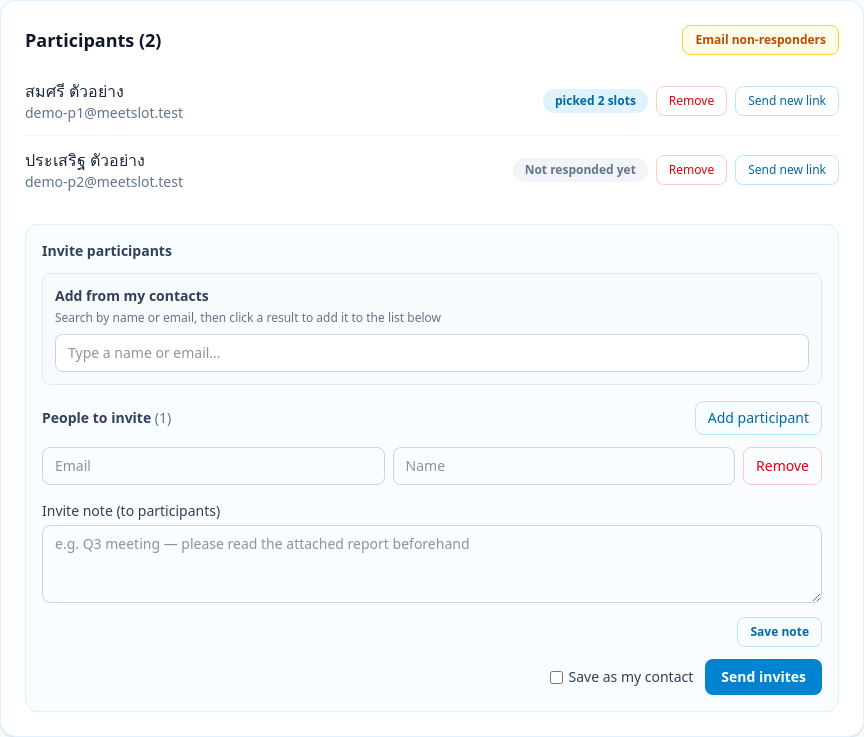 Participants on the management page